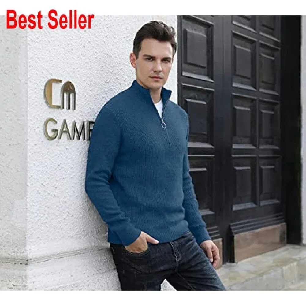 Quarter Zip Turtleneck Sweater Classic Ribbed Pullover Soft Knit Men's